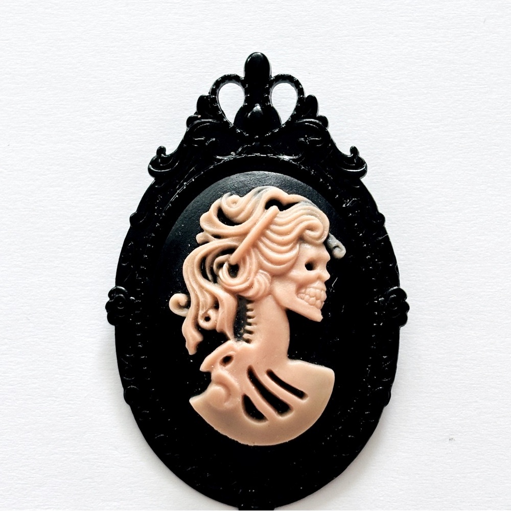 Black and Pink Skeleton Lady Cameo Victorian Style Pendant Brooch, NWT